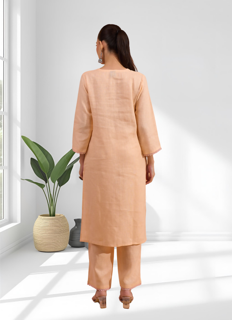 Joban Fashion Coral Linen Embroidered Readymade Long Kurta With Pant