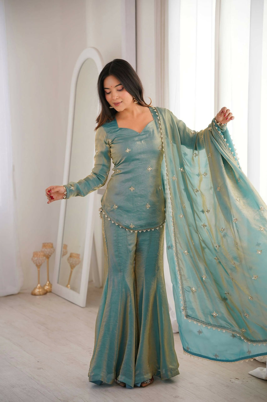 Teeya Creation New Womens Trendy Embroidery Sequence Work Teal Kurta Set