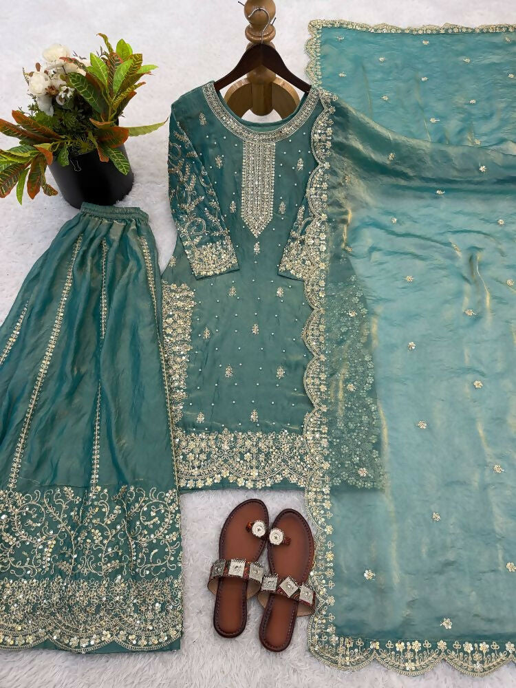 Teeya Creation Turquoise Color Fendy Silk Embroidery Work Wedding Wear Salwar Suit