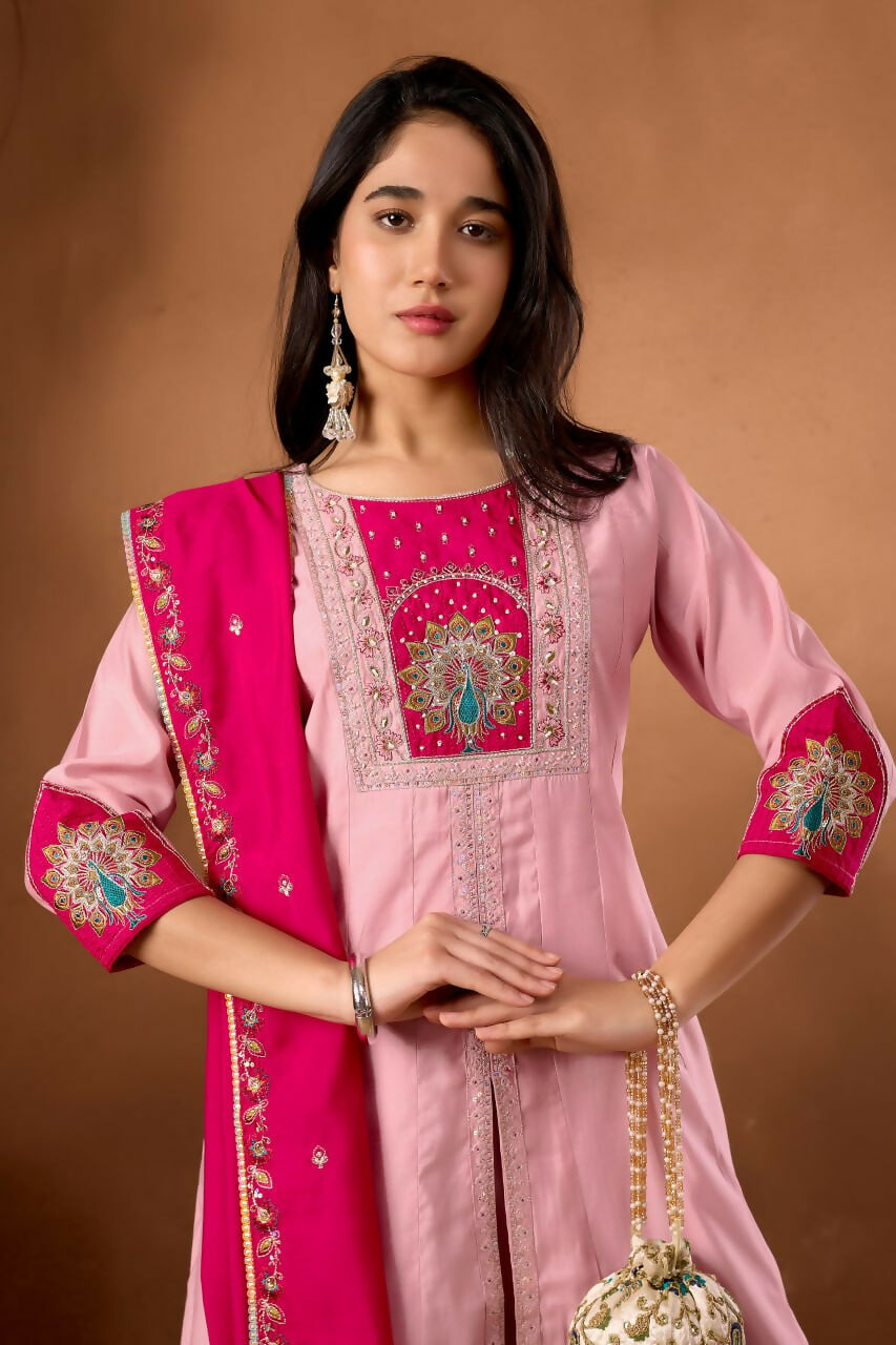 Lehenga Mart Designer Front-Slit Kurta, Paired With Wide-Leg Palazzo Pants And A Dupatta.-Rose Pink