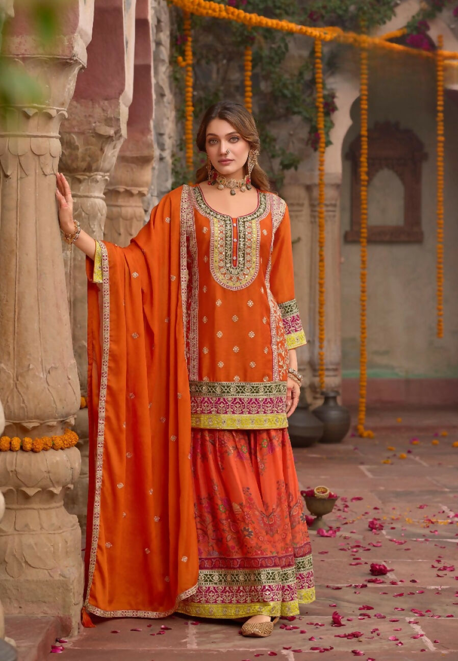 Anaita Orange Chinon Readymade Palazzo Suit with Codding Dori & Sequence Work