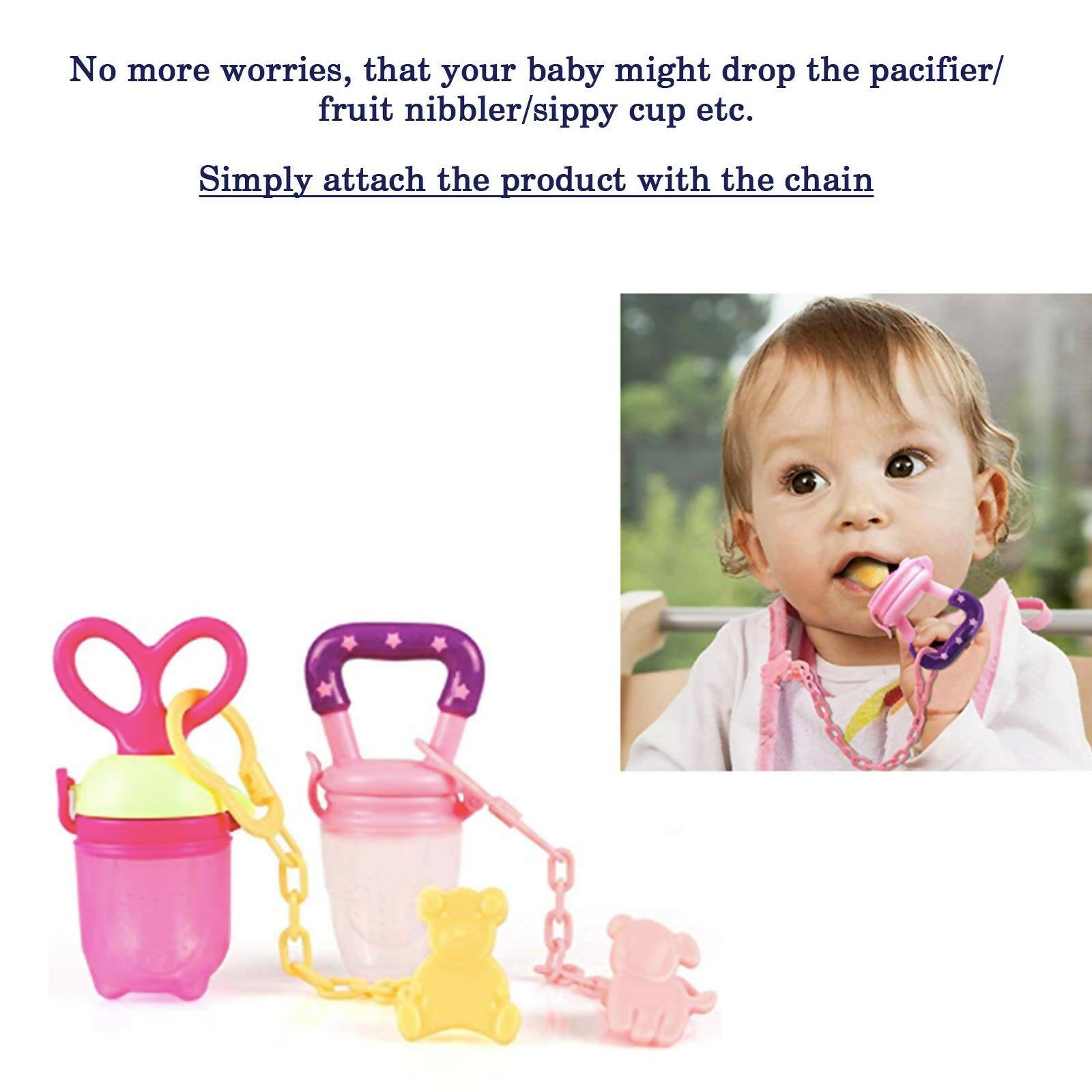 Safe-O-Kid Animal Design Silicone Pacifier/Soother With Holder Chain And Clip, Pink