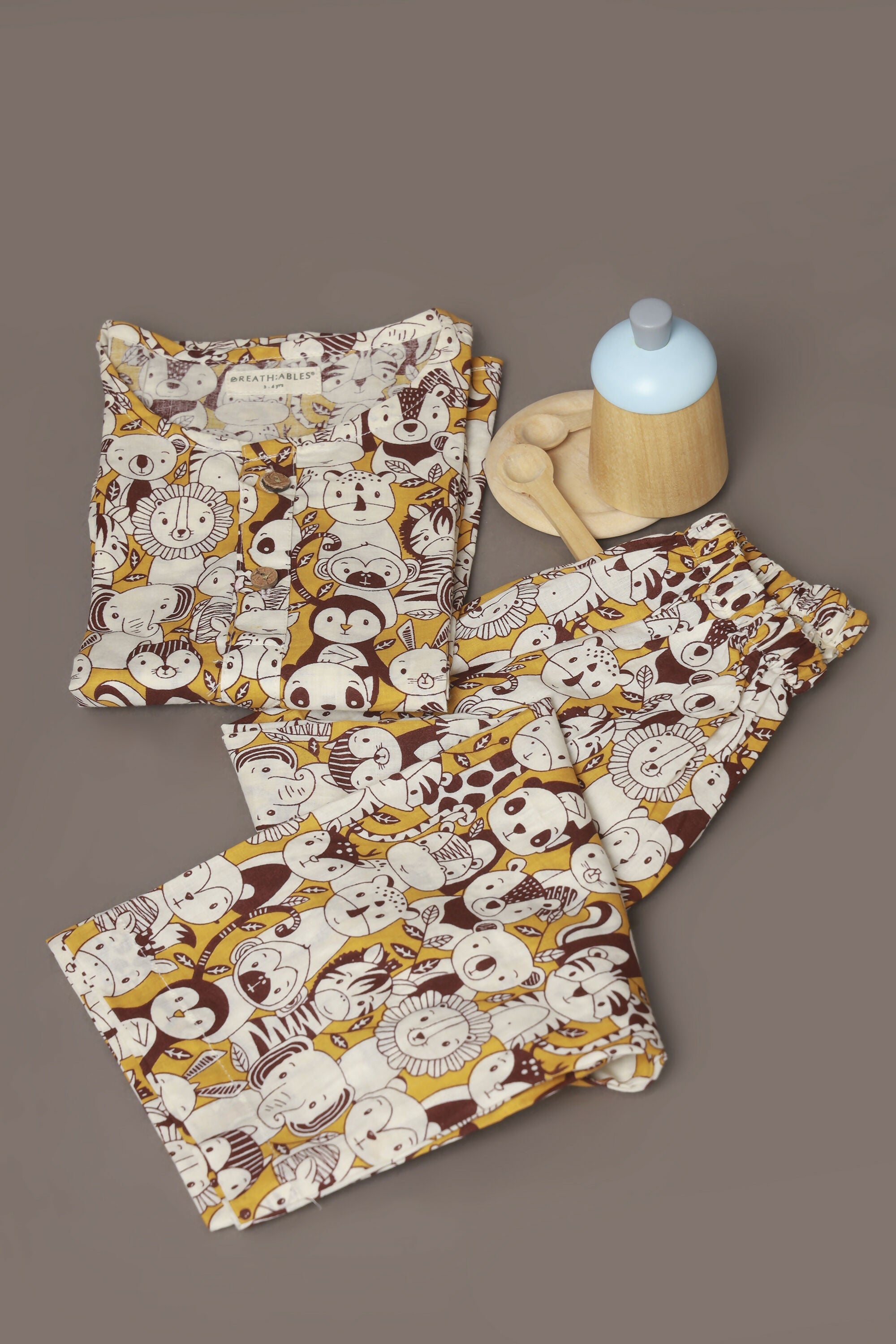 Breathables Sunny Yellow Animal Print Cotton Night Suit For Kids