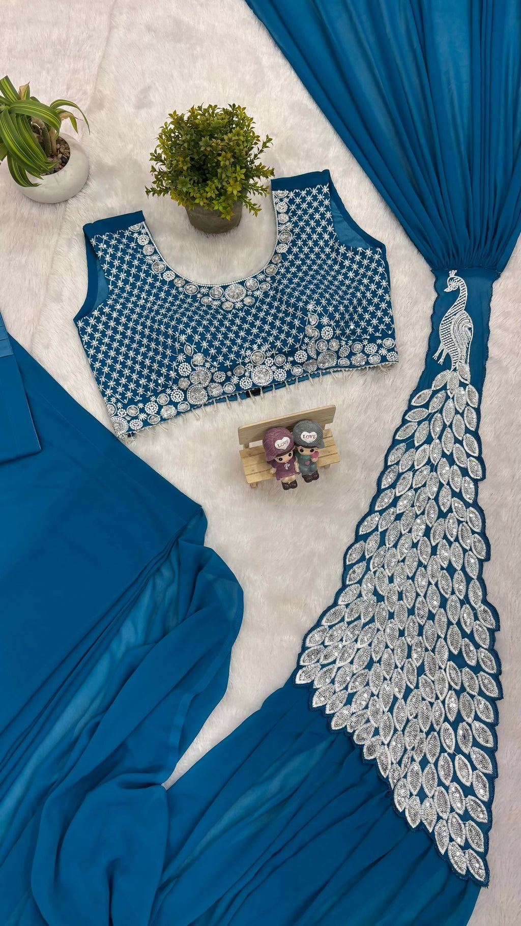Teeya Creation Blue Color Faux Georgette Embroidery Work Party Wear Ready To Wear Saree