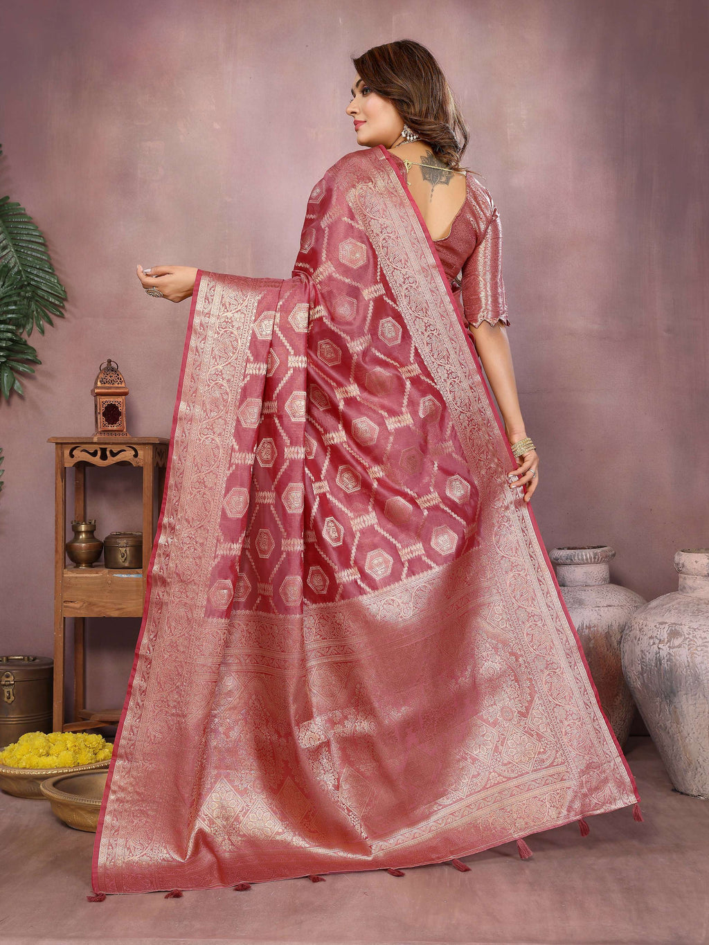 Aastha Fashion Dark Pink Soft Organza Silk Weaving Saree