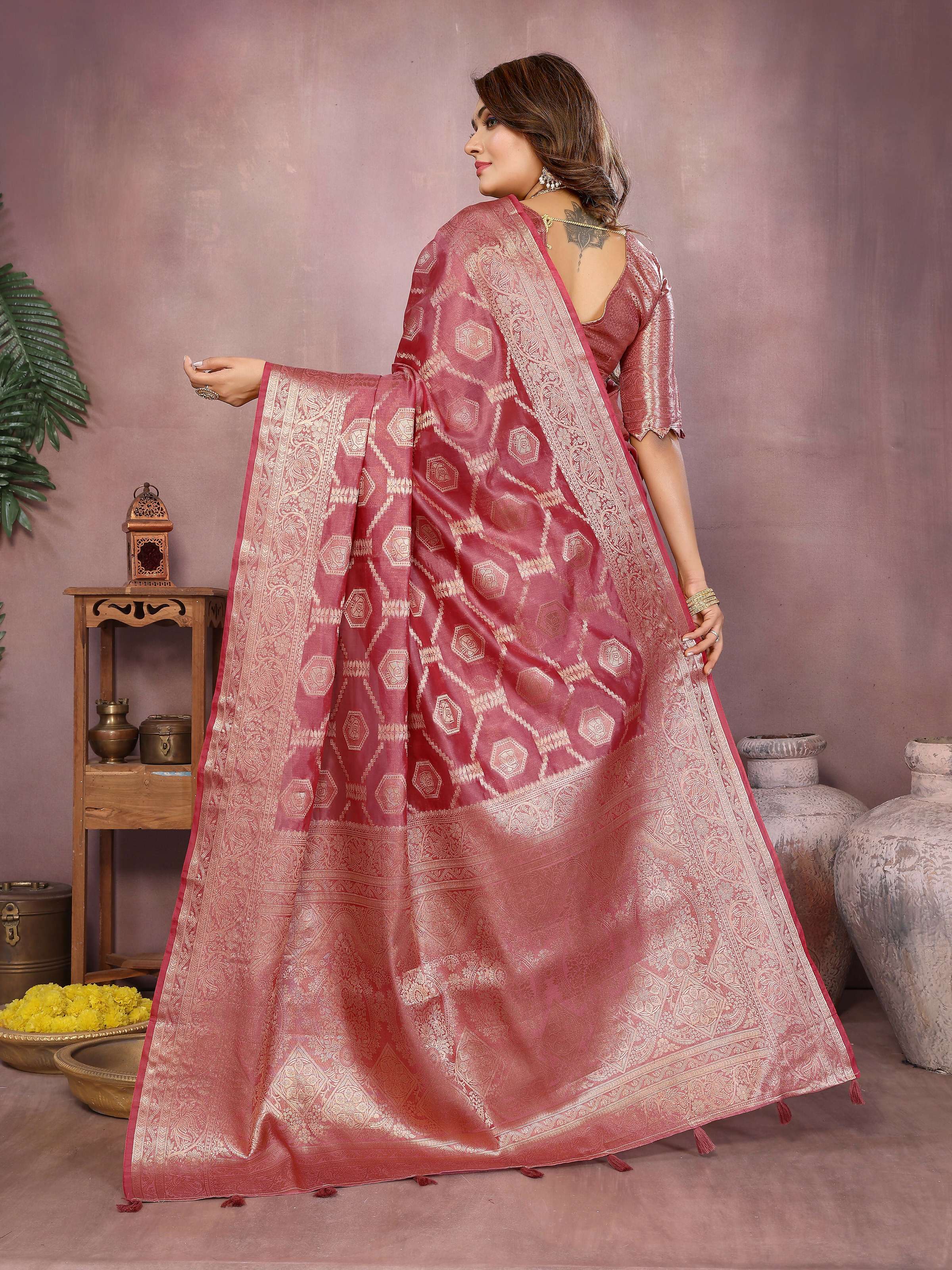 Aastha Fashion Dark Pink Soft Organza Silk Weaving Saree