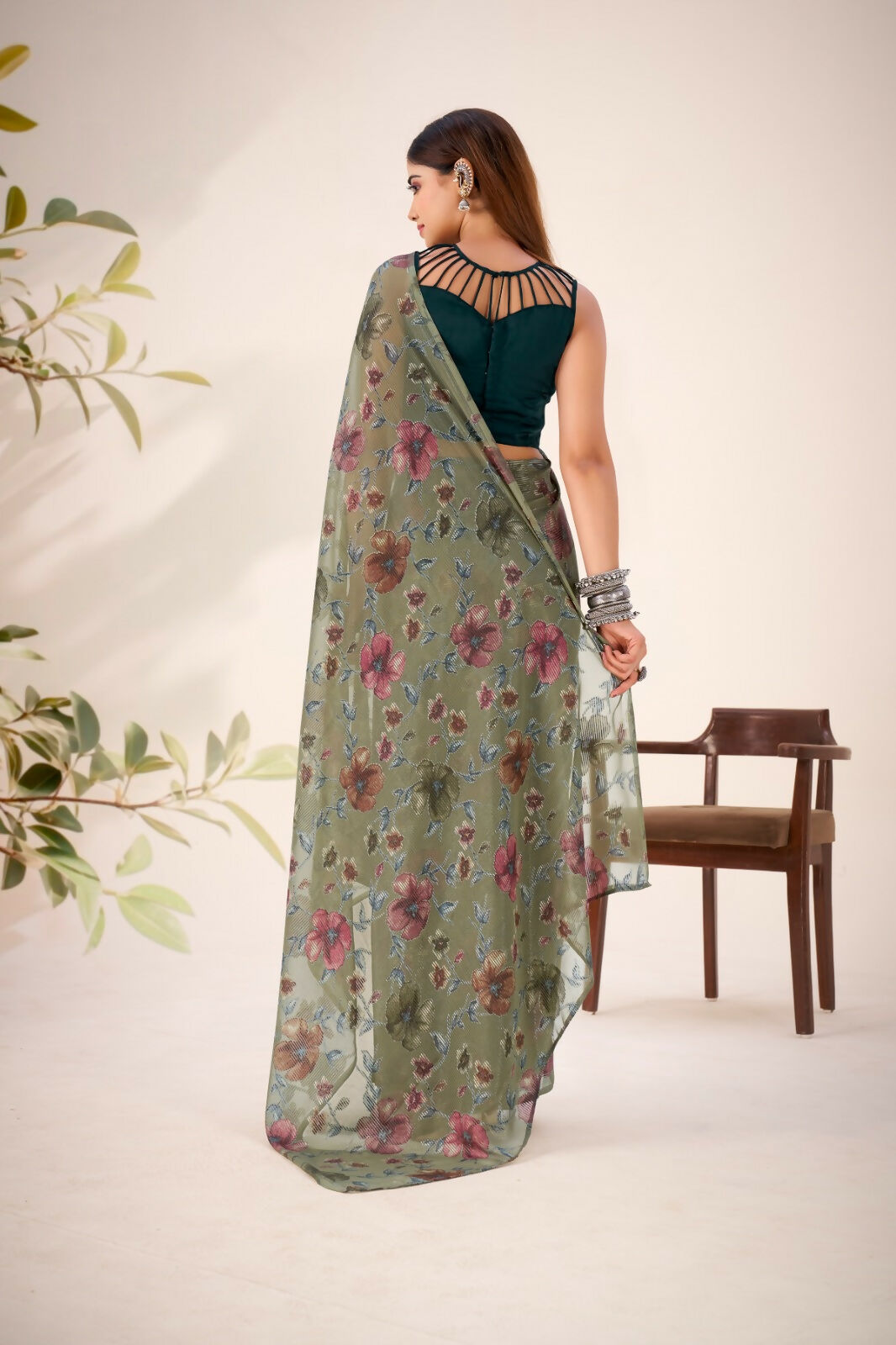 Vastranavya Mehendi Lurex Brasso Floral Printed Saree with Unstitched Blouse