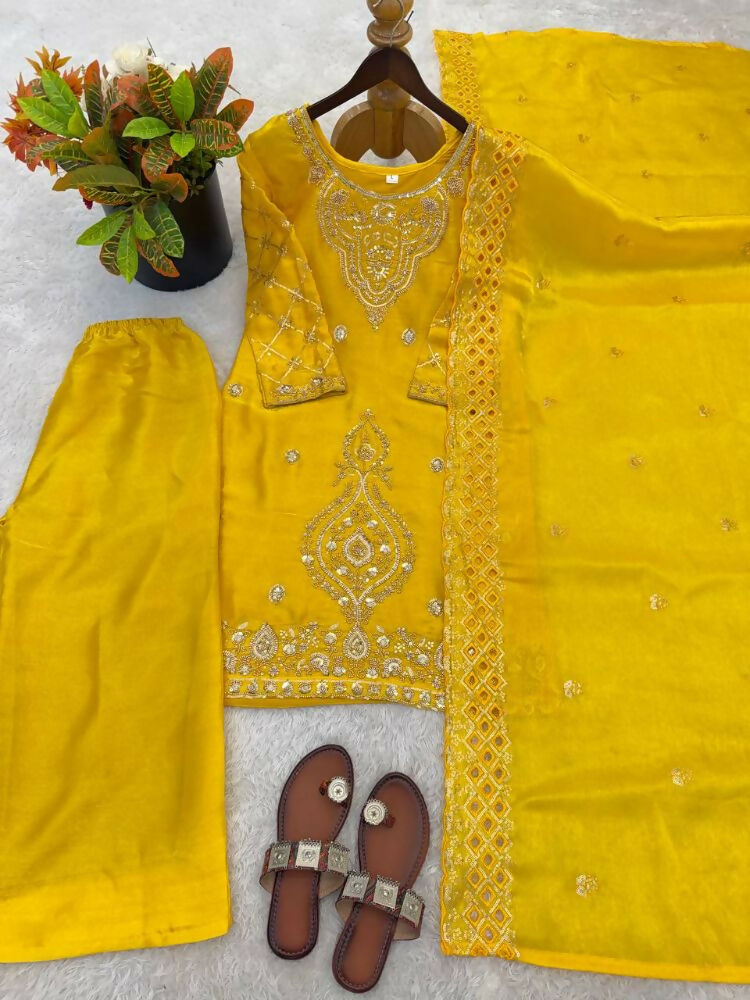 Teeya Creation Yellow Color Gimmychu Silk Embroidery Work Wedding Wear Salwar Suit