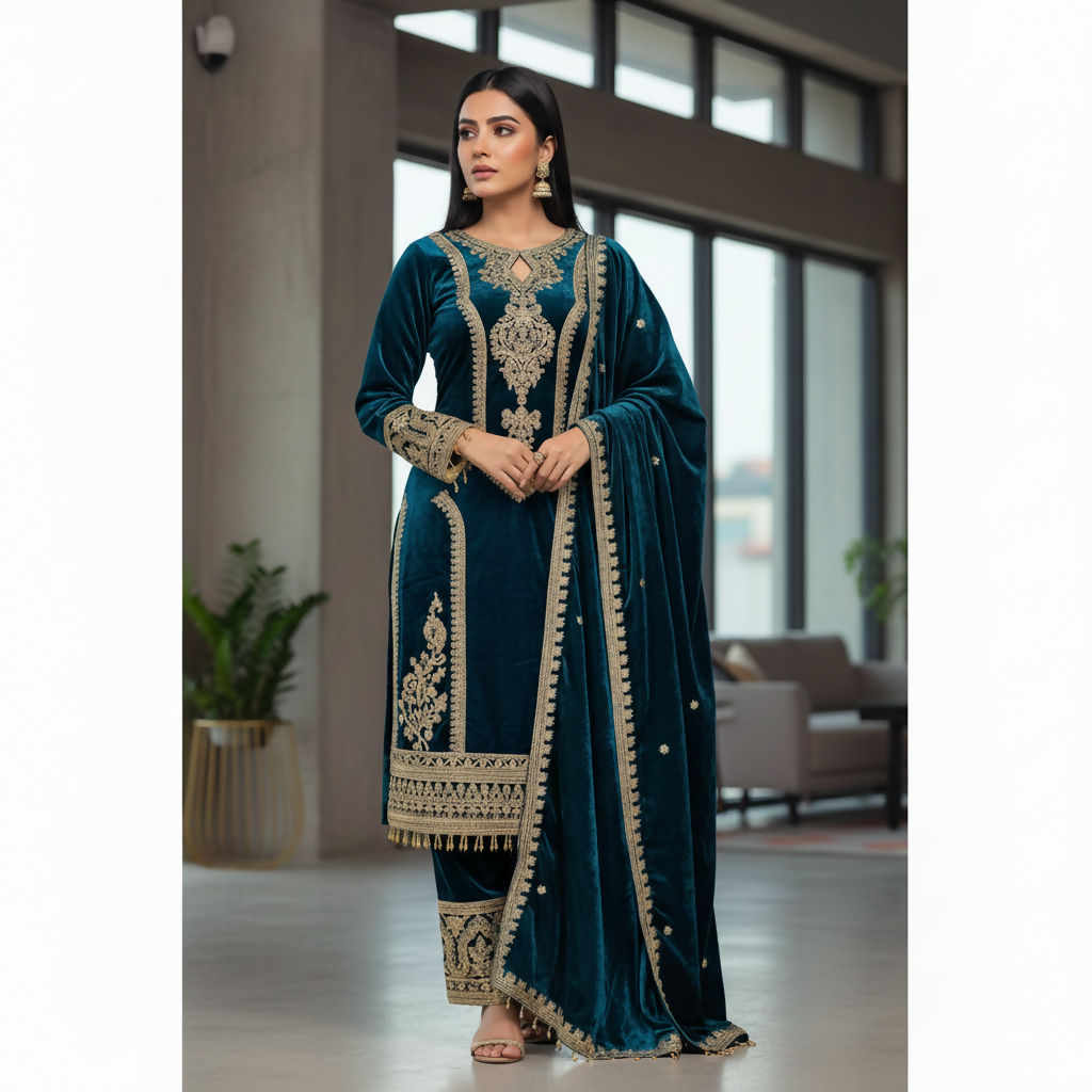 Joban Fashion Teal Kurta Set Velvet Embroidery Sequence Work