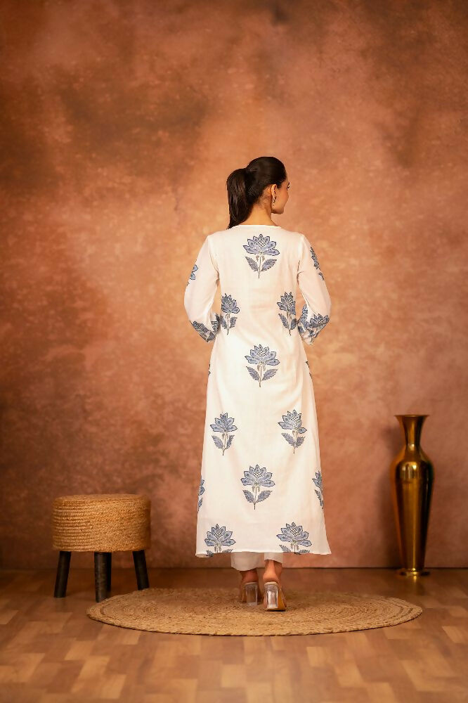 Joban Fashion Blue Floral Hand Block Printed Cotton Kurta Pant Set