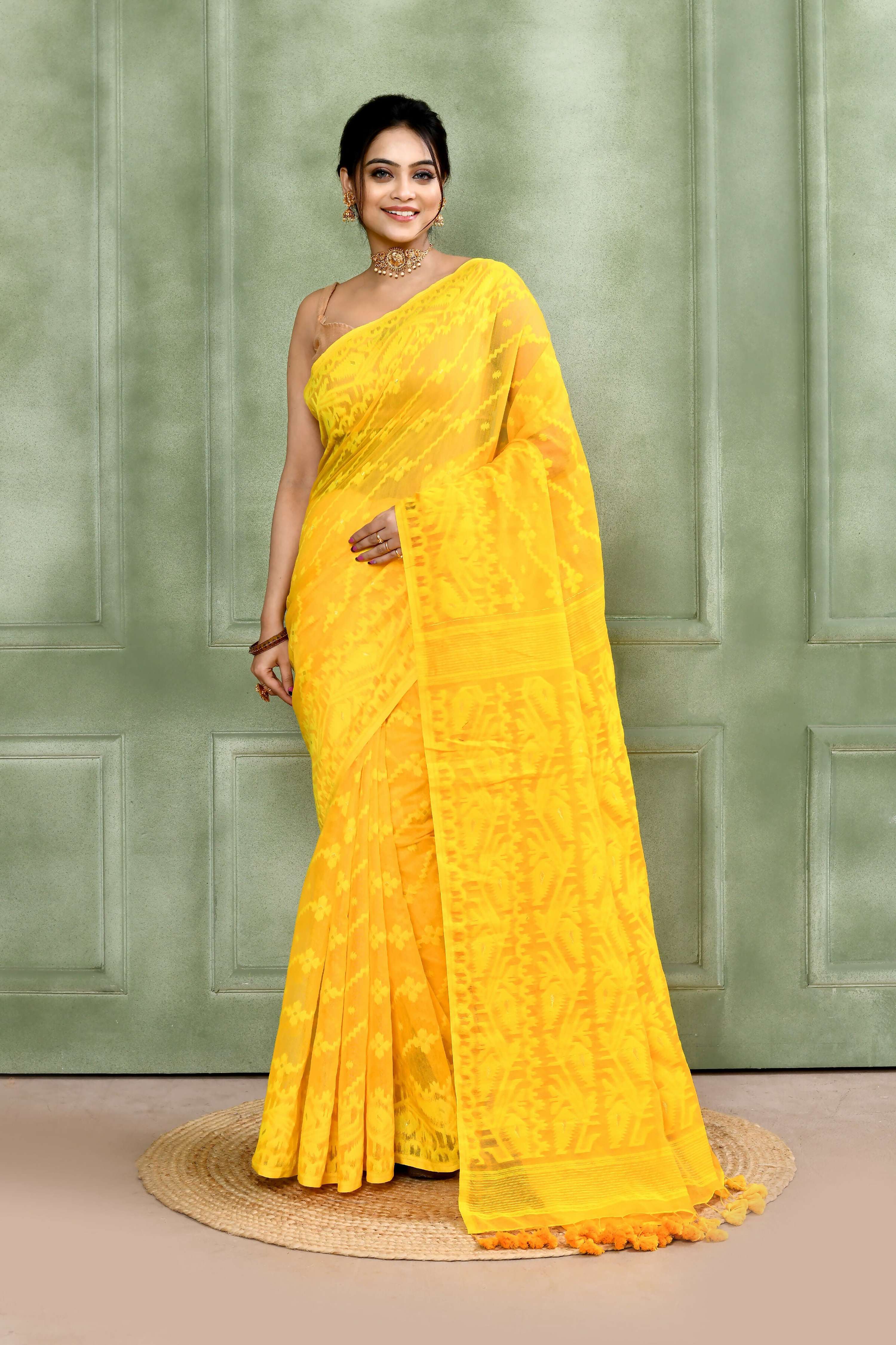 Piyari Fashion Women's Yellow Embellished Cotton Blend Jamdani Saree