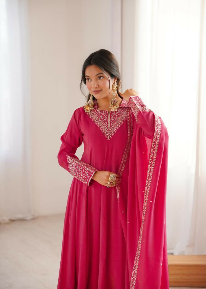 Lehenga Mart Designer Anarkali Suit With Kurta, Pant, Dupatta For Women-Rani Pink