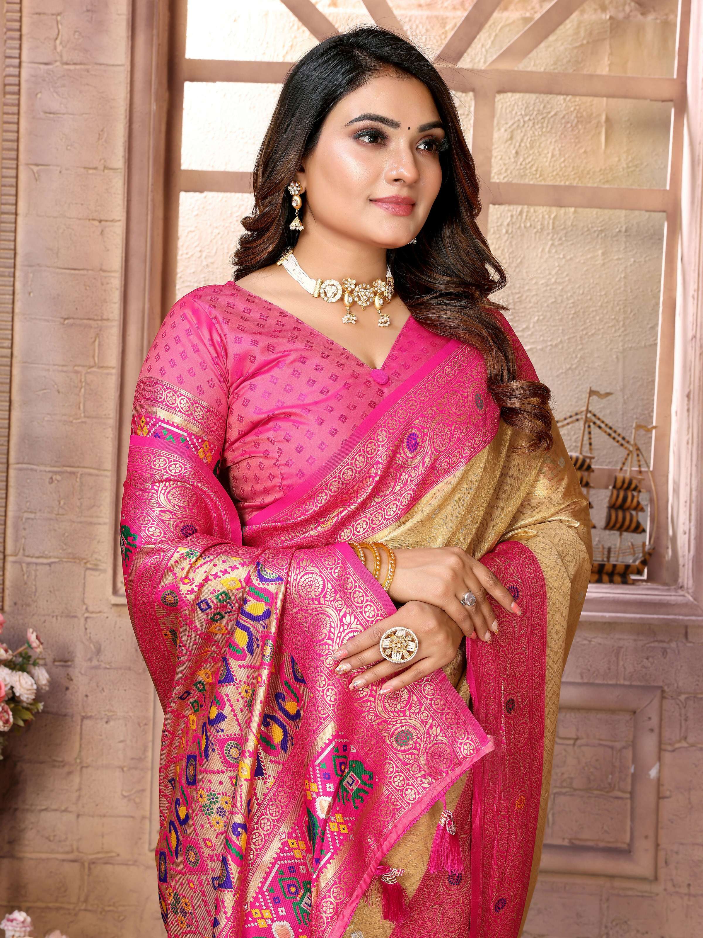 Aastha Fashion Cream Banarasi Tissue Silk Weaving Saree