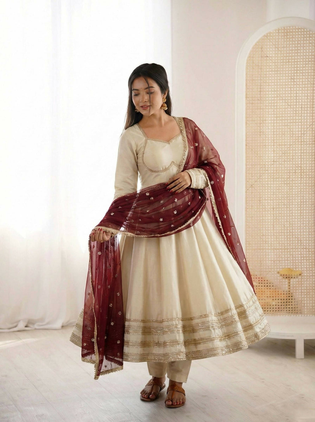 Teeya Creation Cream Cosmos Gold Lace Work Party Wear Gown