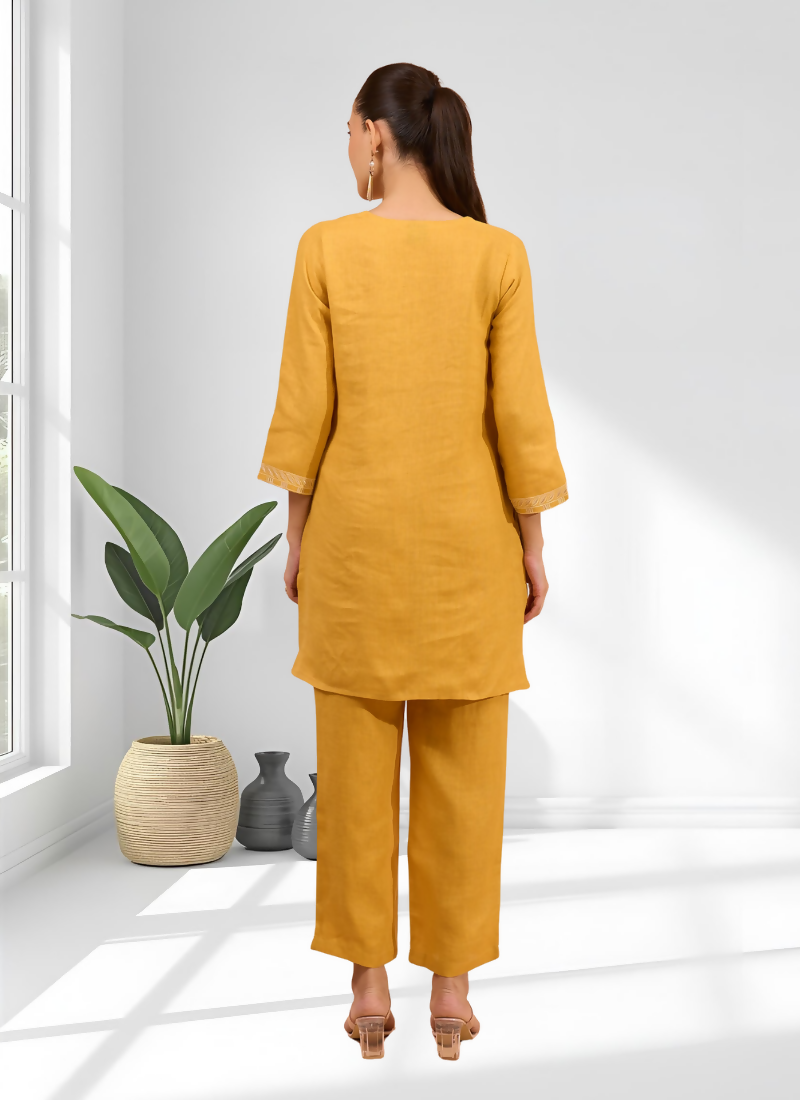 Joban Fashion Mustard Linen Embroidered Readymade Cord Set