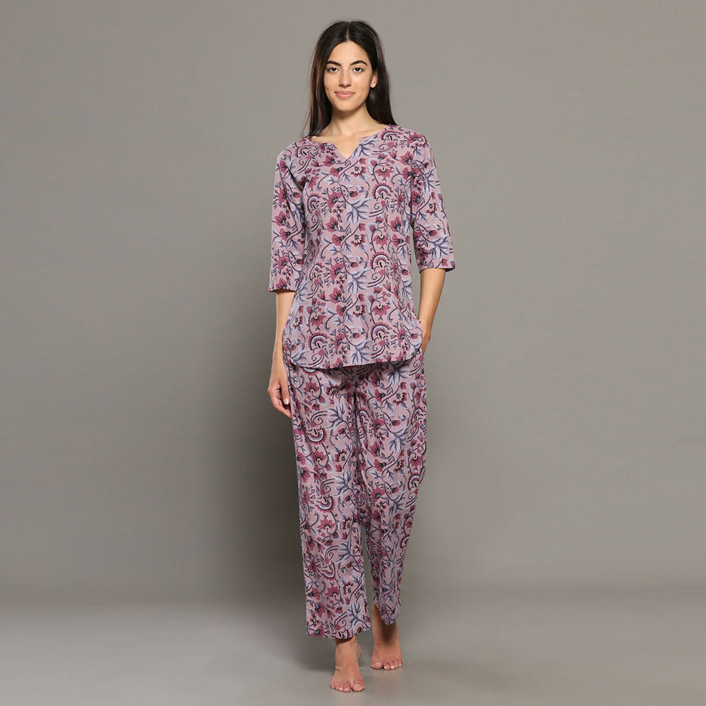 Breathables Women Cotton Printed Loungewear Kurta And Pants Co-Ord Set Pink I Night Wear | Floral Print