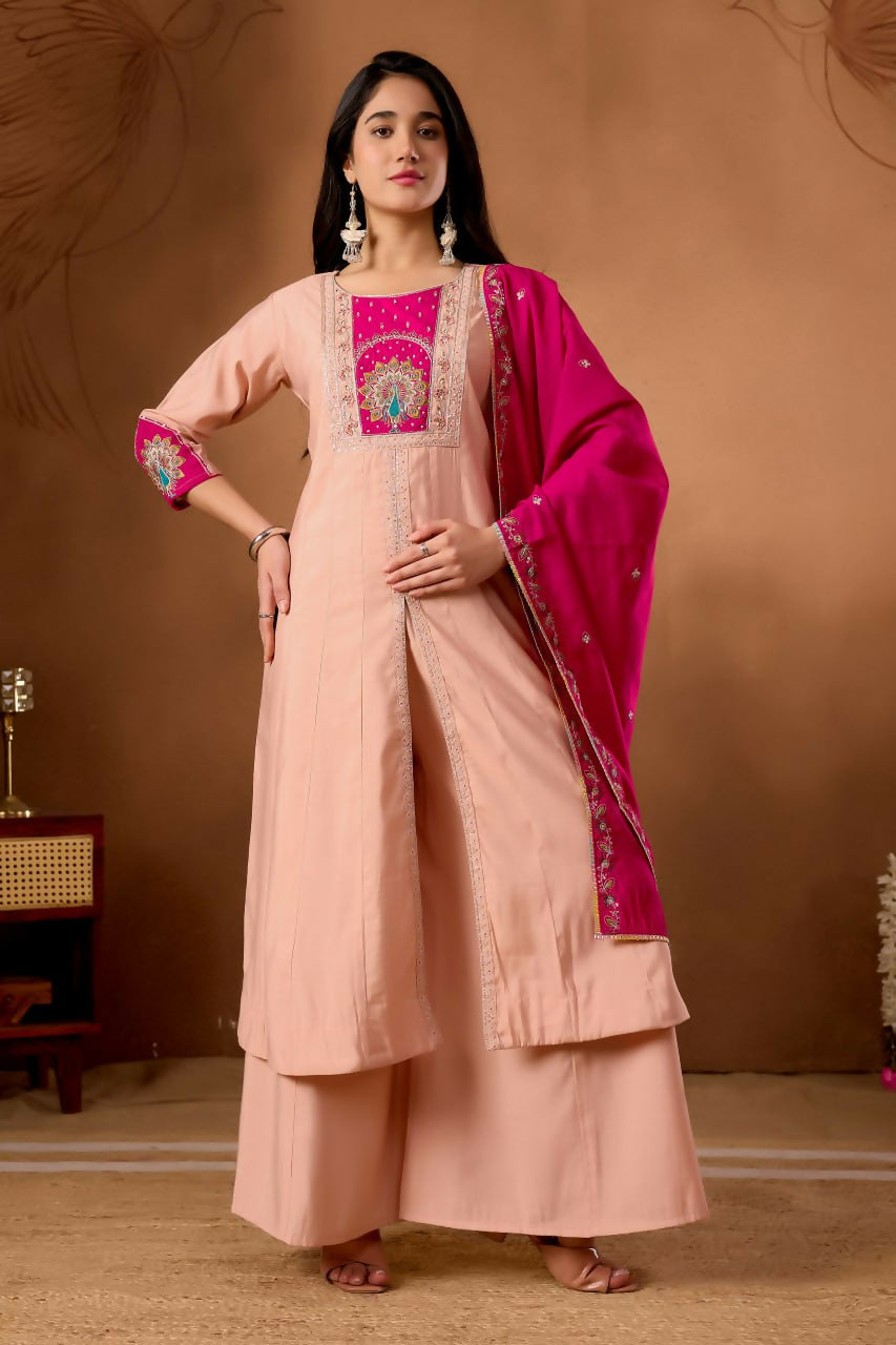 Lehenga Mart Designer Front-Slit Kurta, Paired With Wide-Leg Palazzo Pants And A Dupatta.-Peach