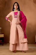 Lehenga Mart Designer Front-Slit Kurta, Paired With Wide-Leg Palazzo Pants And A Dupatta.-Peach