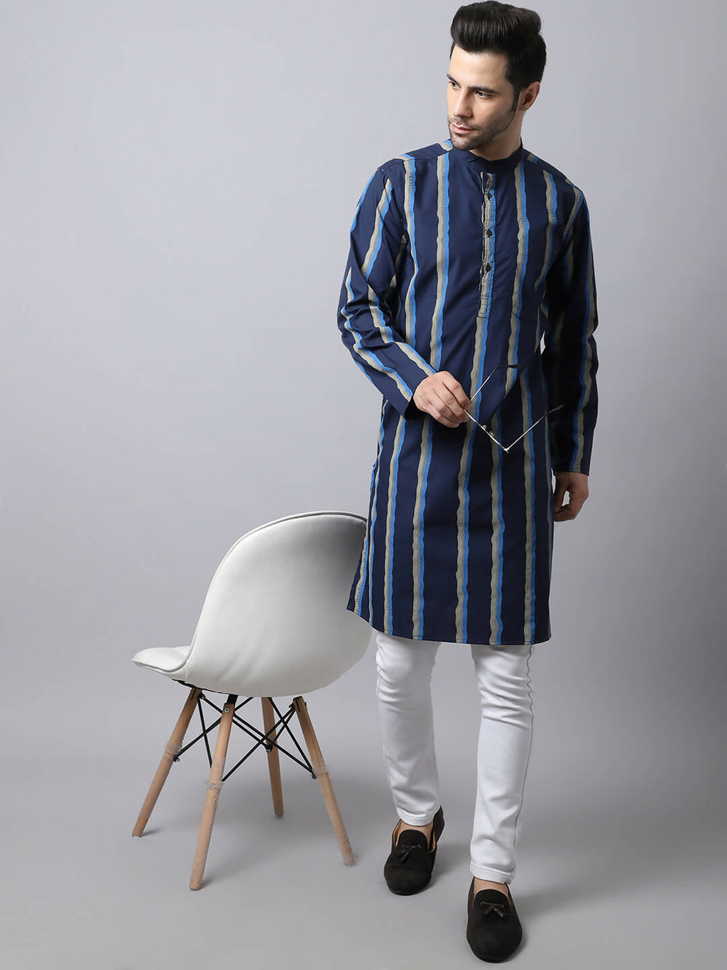 Even Apparels Navy Pure Cotton Men's Kurta With Band Collar (STR1169)