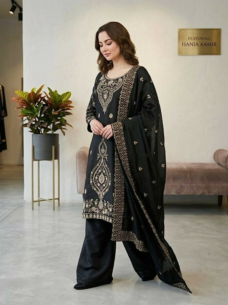 Teeya Creation Black Color Gimmychu Silk Embroidery Work Wedding Wear Salwar Suit
