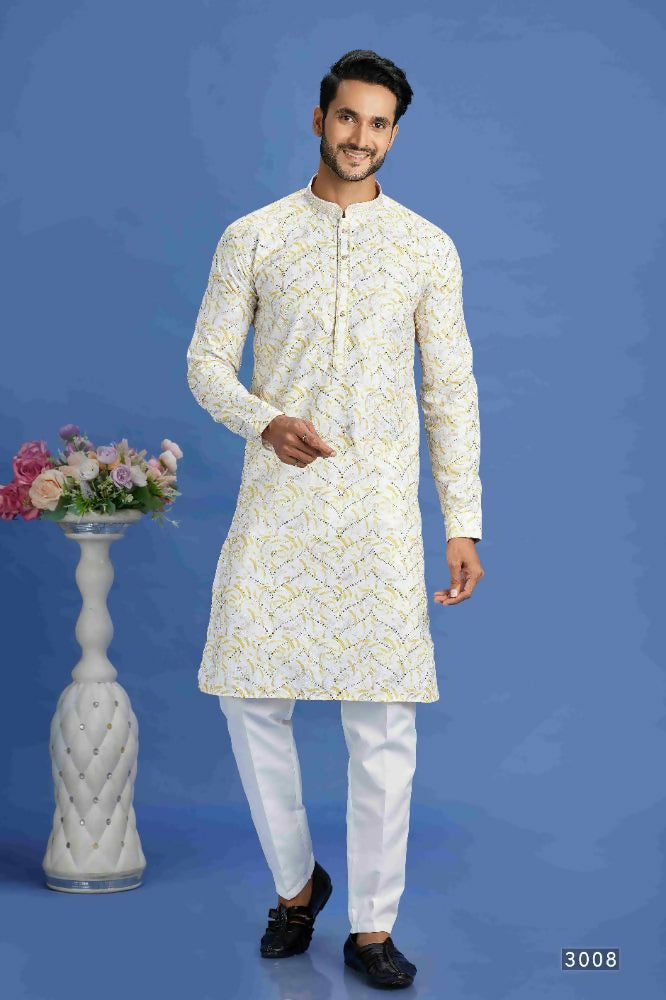 Raivat Ethnic Cotton Embroidery Kurta Pajama In Yellow Colour