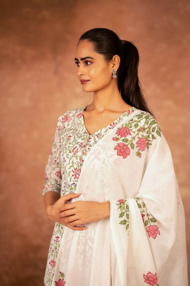 Joban Fashion Green Pink Hand Block Printed Cotton Suit Set