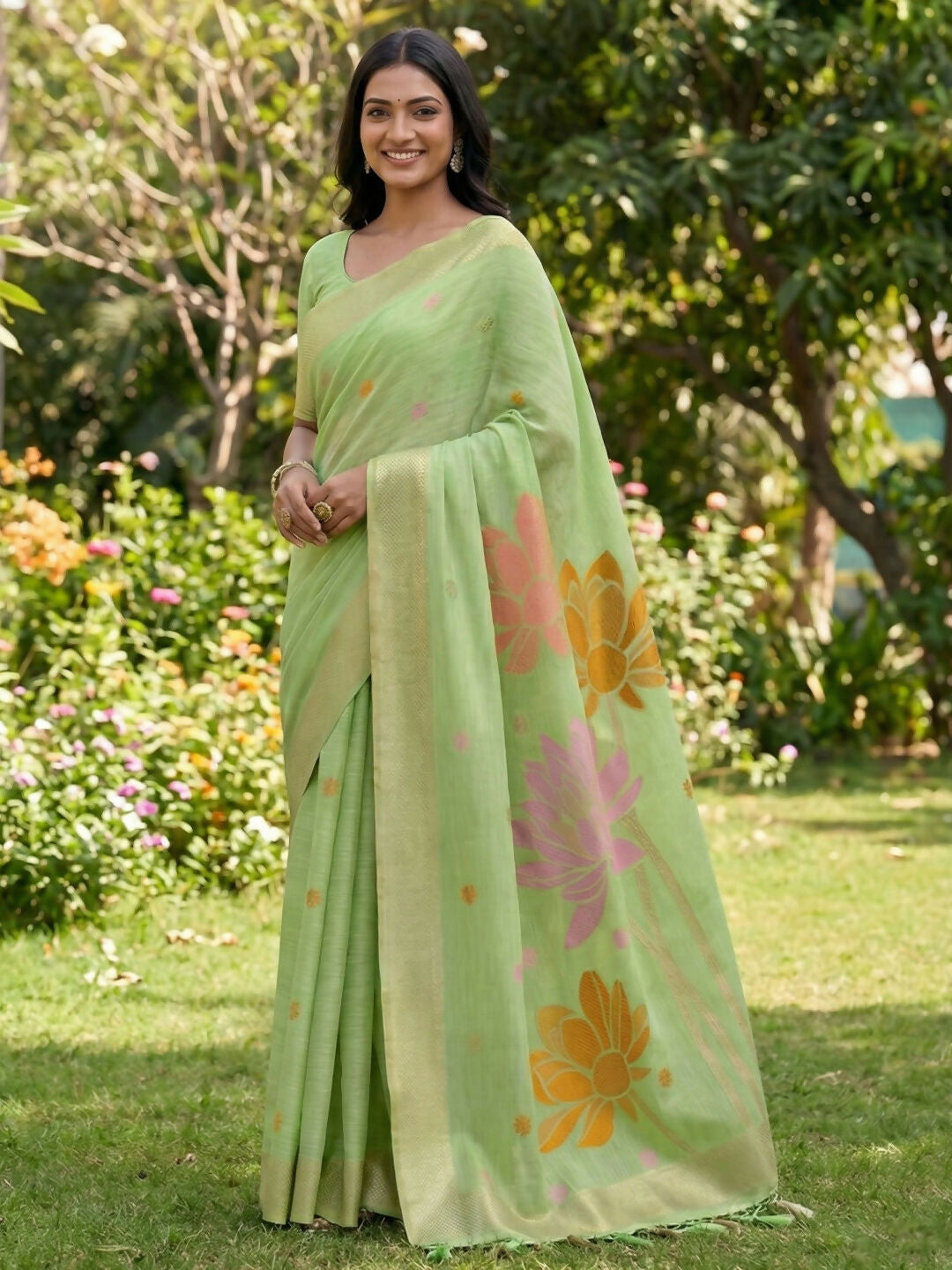 Shree Shyam Fashion Green Linen Cotton Saree