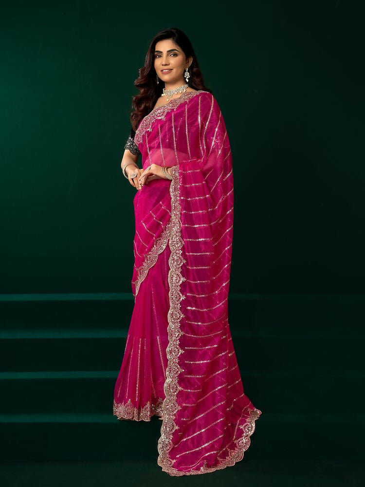 Joban Fashion Rani Pink Net Party Wear Sarees