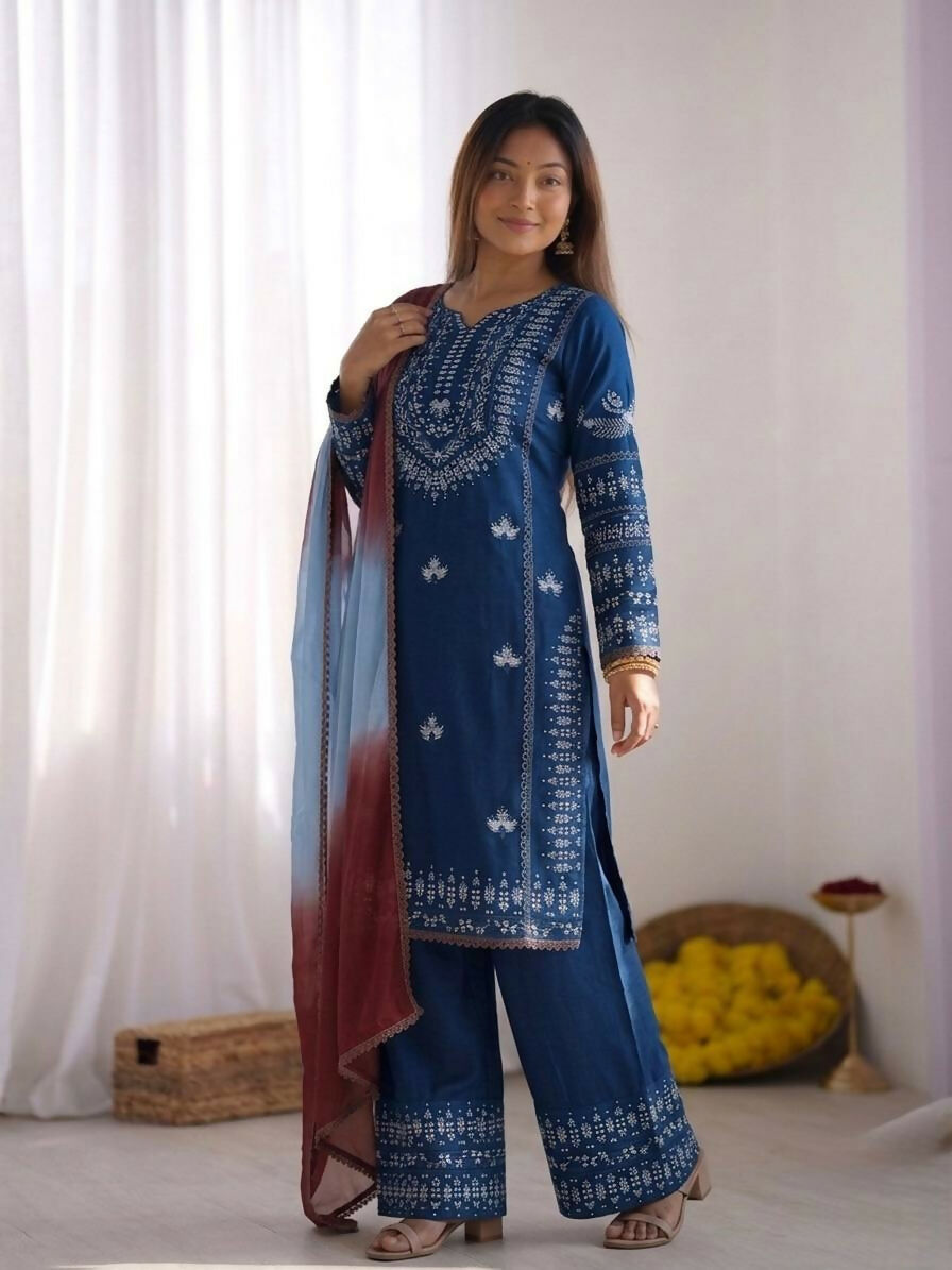 Teeya Creation Womens Trendy Stylish Embroidery Thread Work Blue Kurta Set