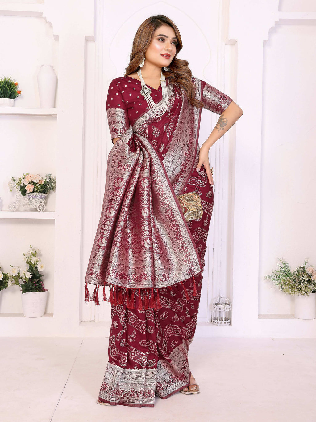 Aastha Fashion Maroon Georgette Silk Leheriya With Elegant Zari Weaving Saree
