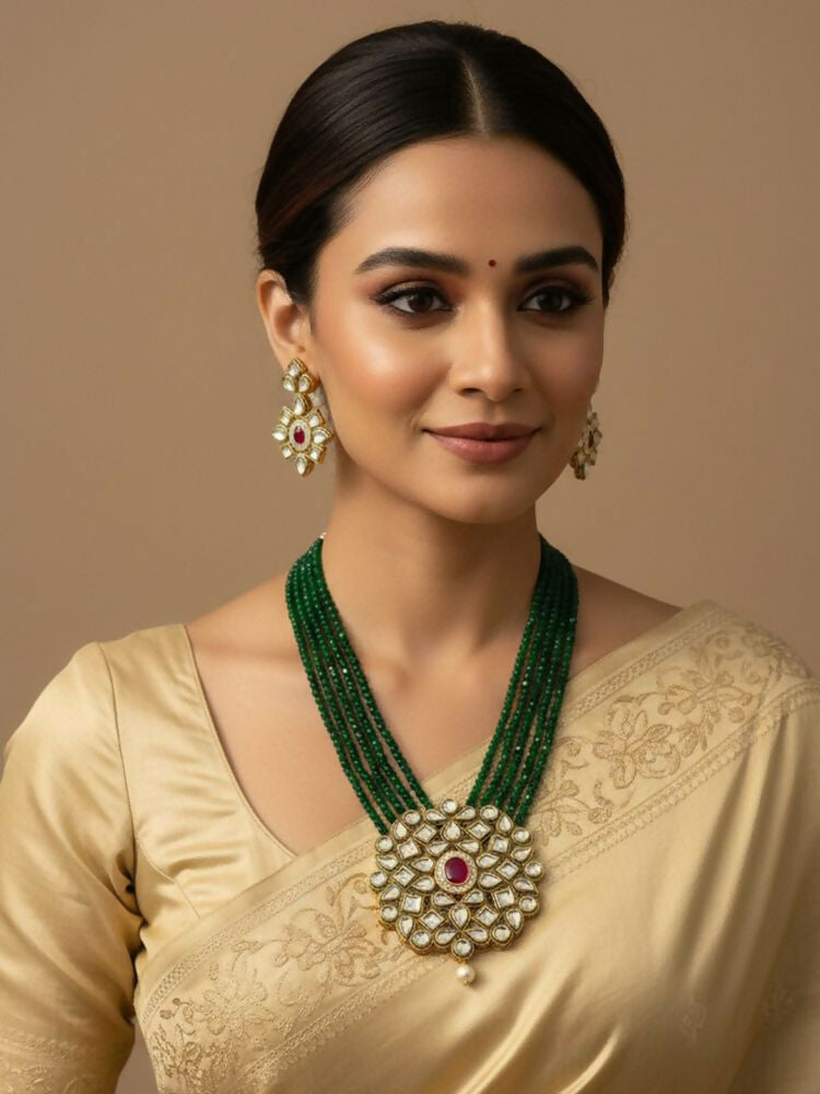 NVR Women Gold Plated Green Kundan Jewellery Set