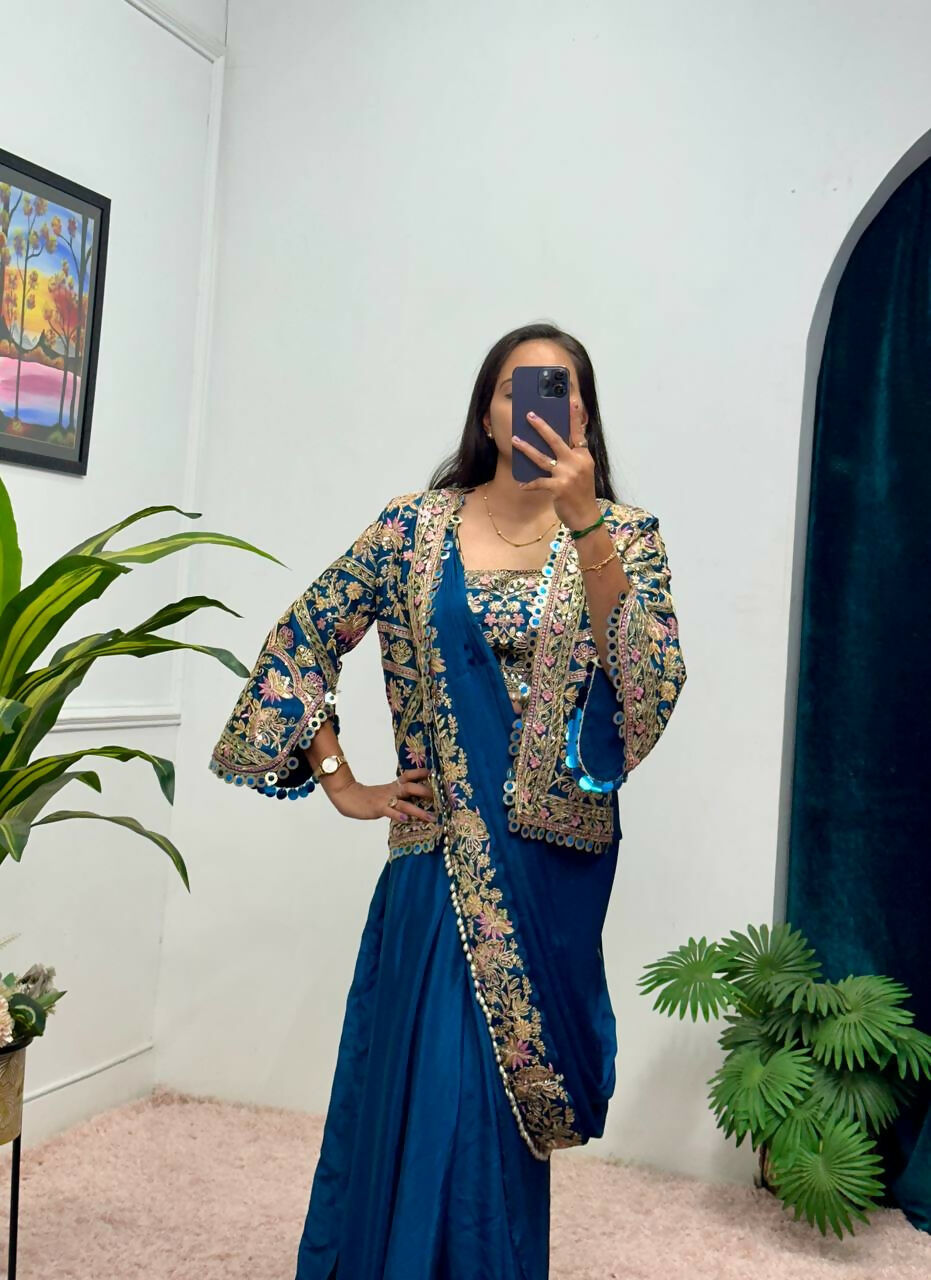 Teeya Creation Teal Color Chinon Silk Embroidery Work Ready To Wear Party Wear Saree With Koti