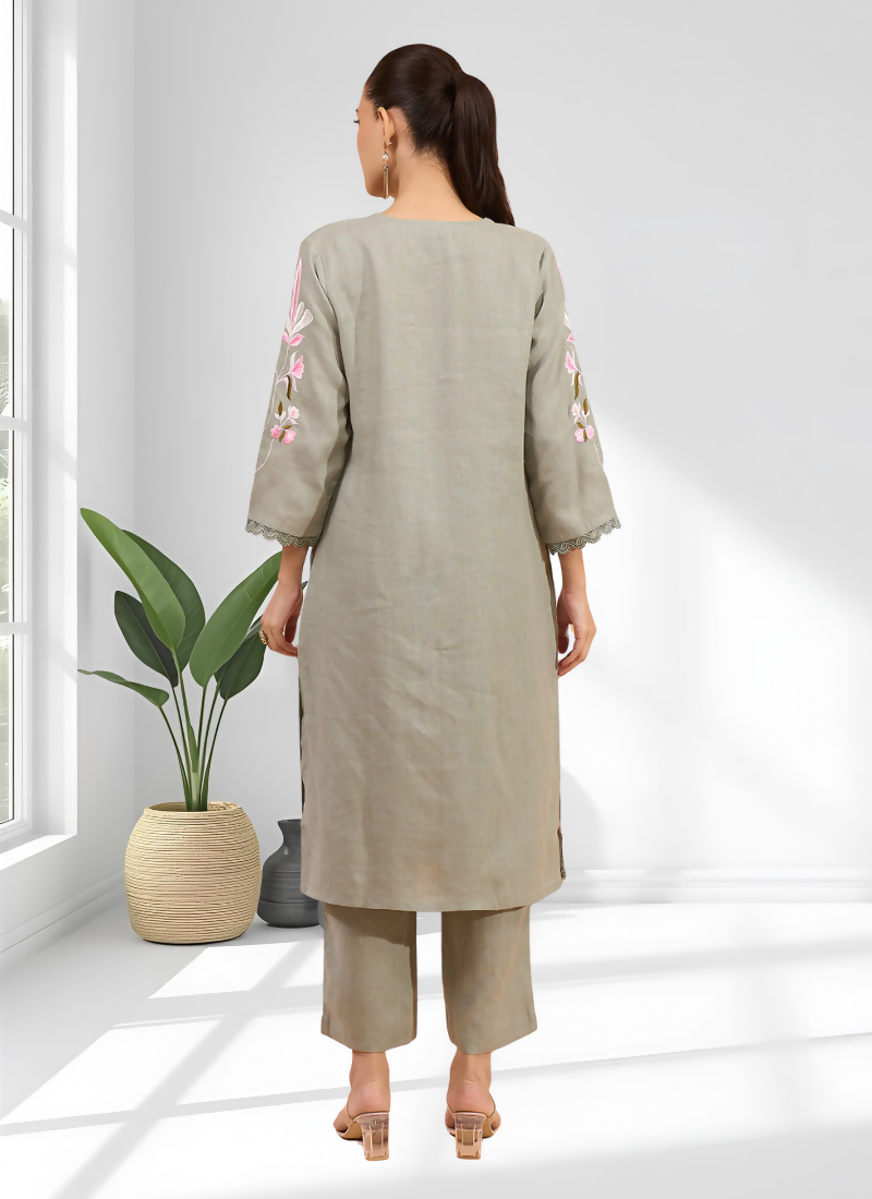 Joban Fashion Pista Green Linen Embroidered Readymade Long Kurta With Pant