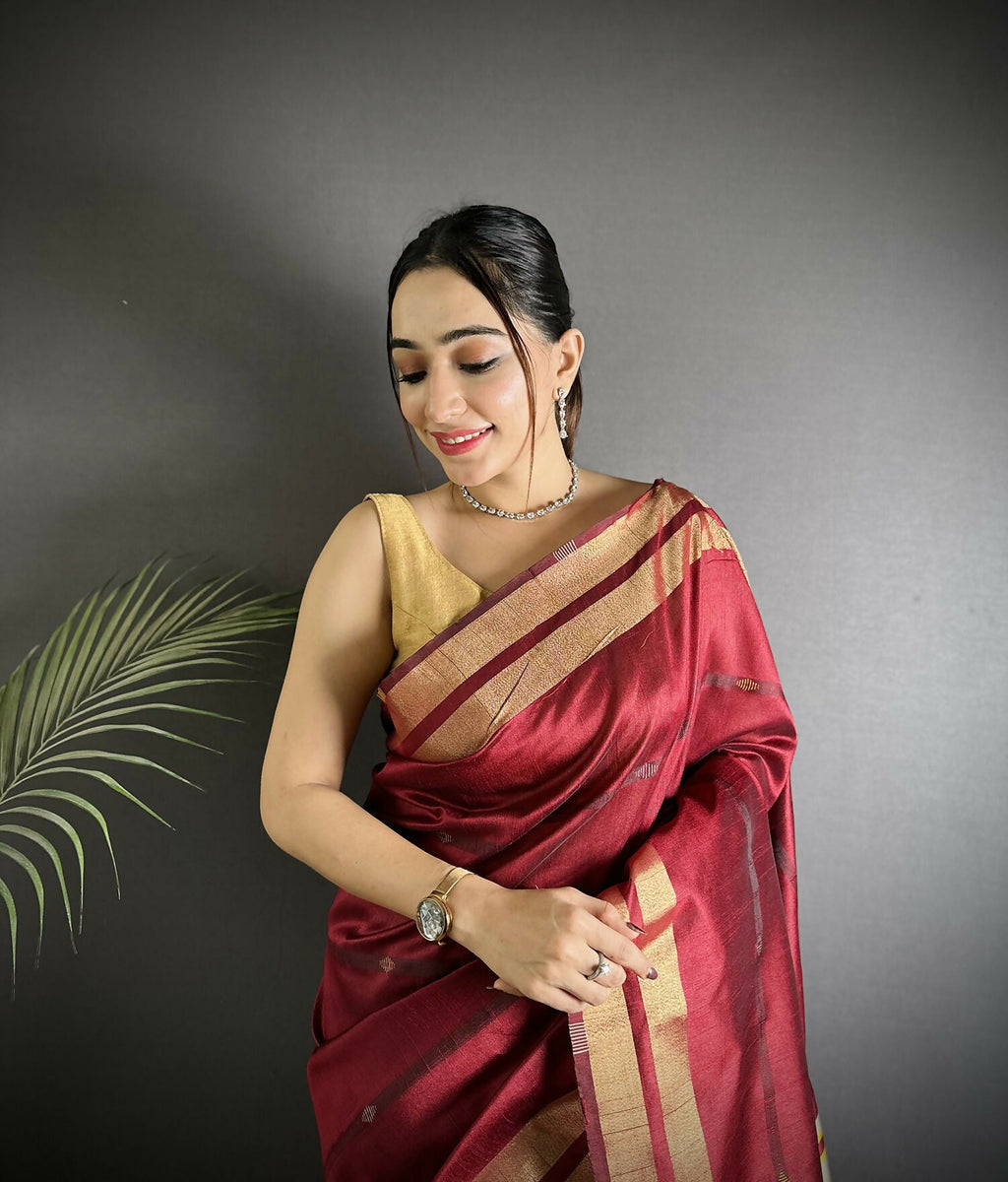 Joban Fashion Red Woven Pattern Raw Silk Kanjivaram Silk Saree