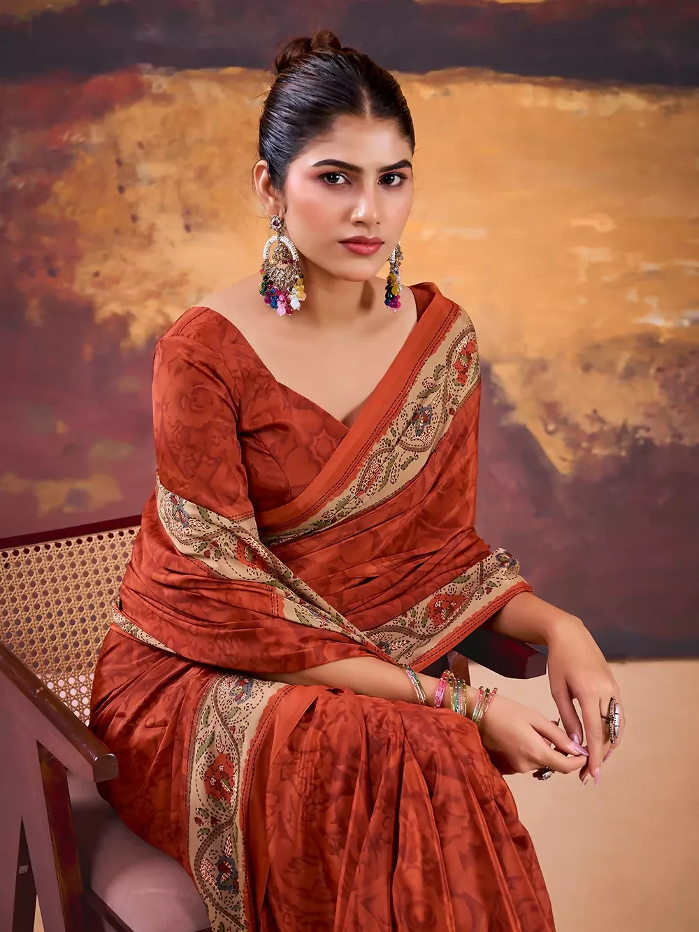 Vastranavya Orange Crepe Printed Saree with Unstitched Blouse