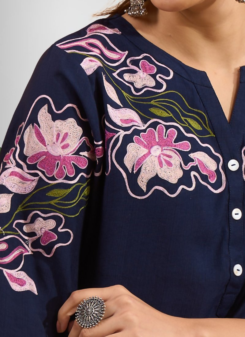 Joban Fashion Navy Blue Cotton, Linen Embroidered Readymade Cord Set