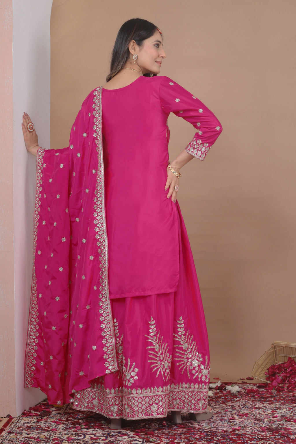Lehenga Mart Designer Sharara Suit With Kurta, Sharara, Dupatta For Women-Pink