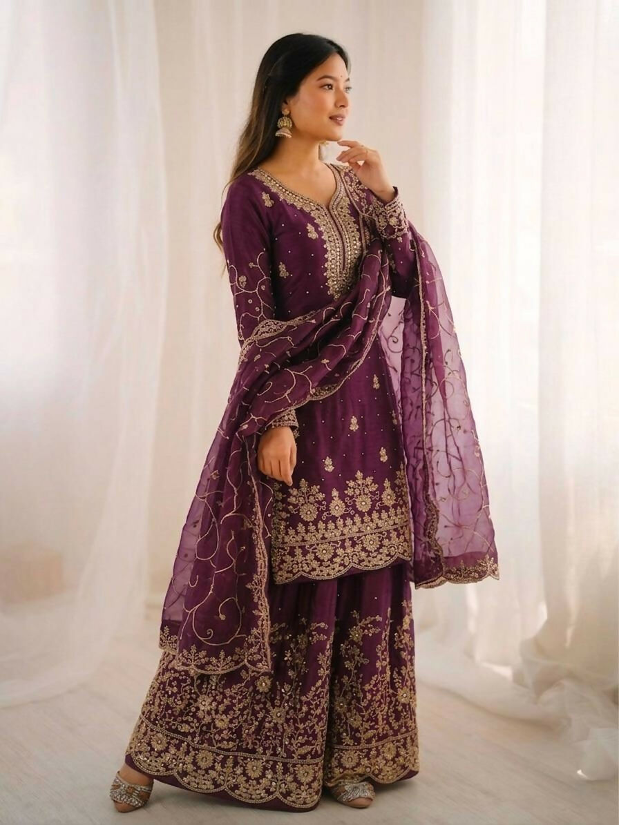Teeya Creation Wine Color Gymmi Silk Embroidery Work Wedding Wear Sharara Set