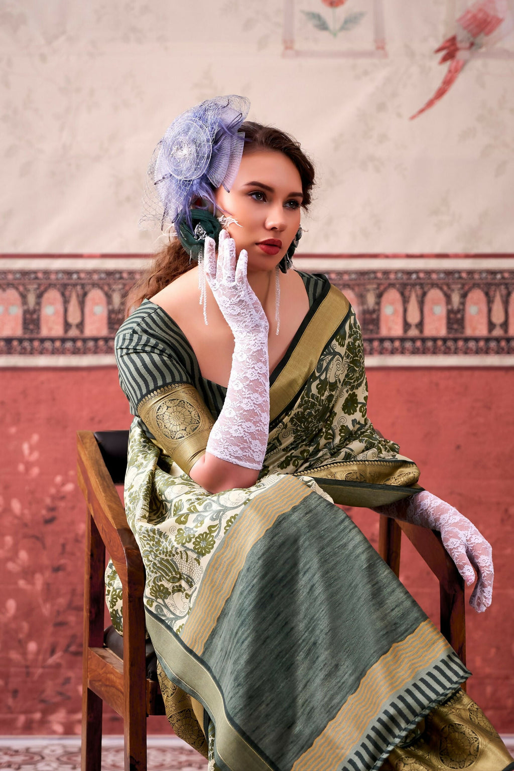 Vastranavya Mehendi Tussar Silk Printed with Viscose Border Saree & Unstitched Blouse