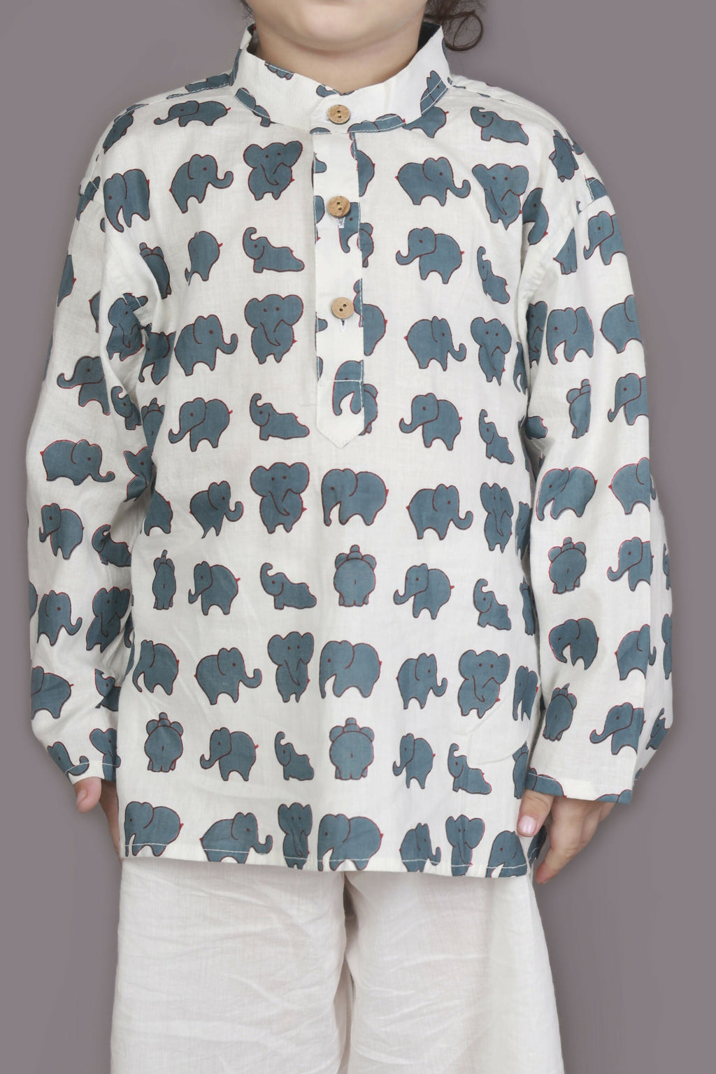 Breathables Kids Cotton Night Suit – White Elephant Print Kurta & Pyjama Co-Ord Set For Boys & Girls