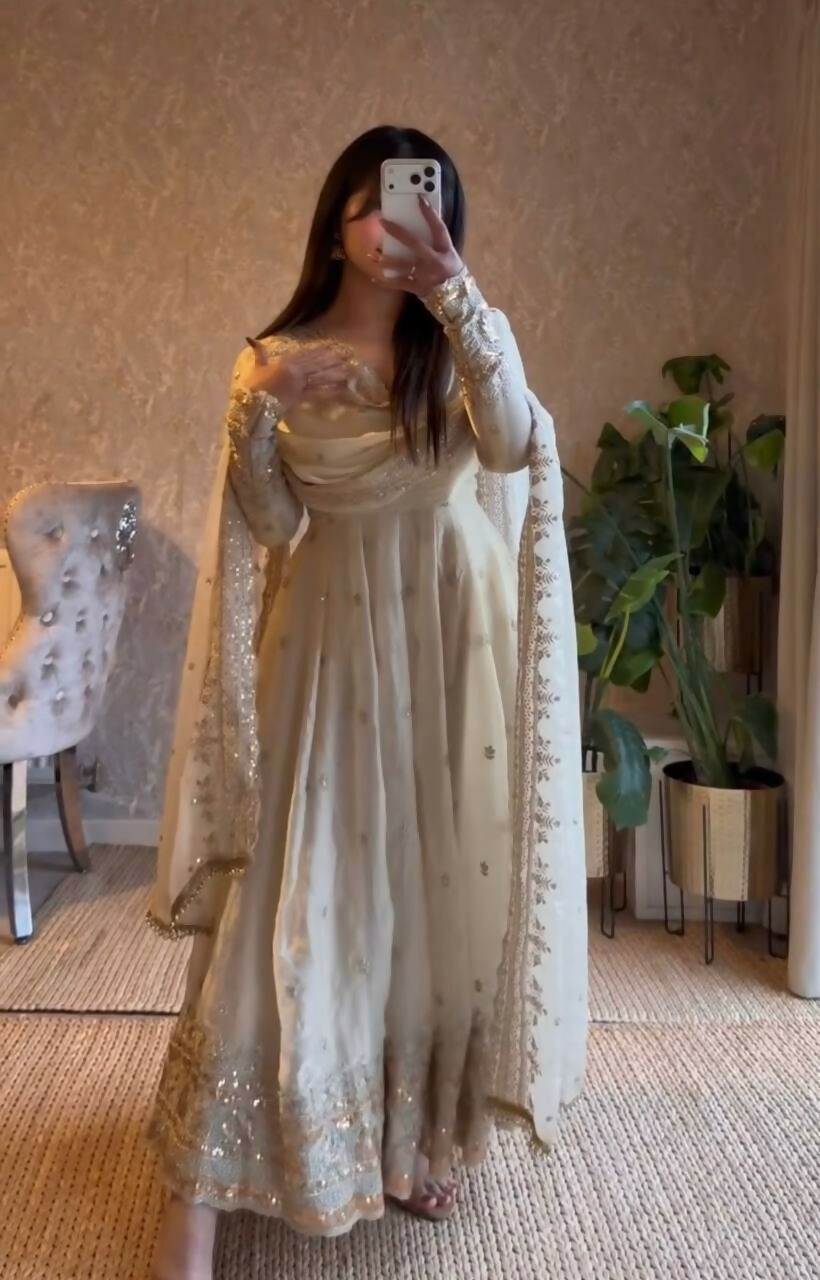 Teeya Creation White Fendy Silk Designer Heavy Work Wedding Wear Long Gown