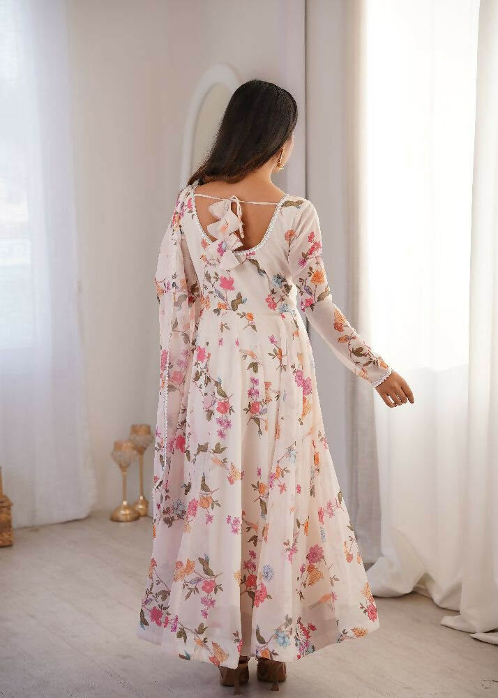 Teeya Creation Cream Faux Georgette Digital Print Party Wear Long Gown