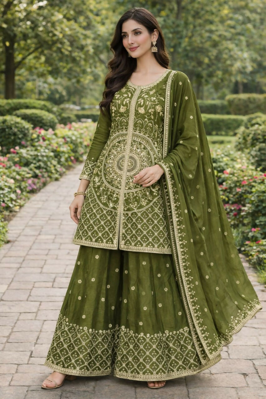 Teeya Creation Green Color Chinon Silk Wedding Wear Trending Palazzo Set