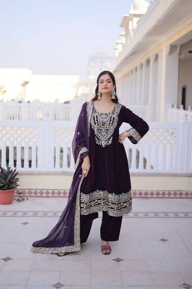 Joban Fashion Wine Kurta Set Velvet Sequins , Zari, Coding & Thread Embroidered work