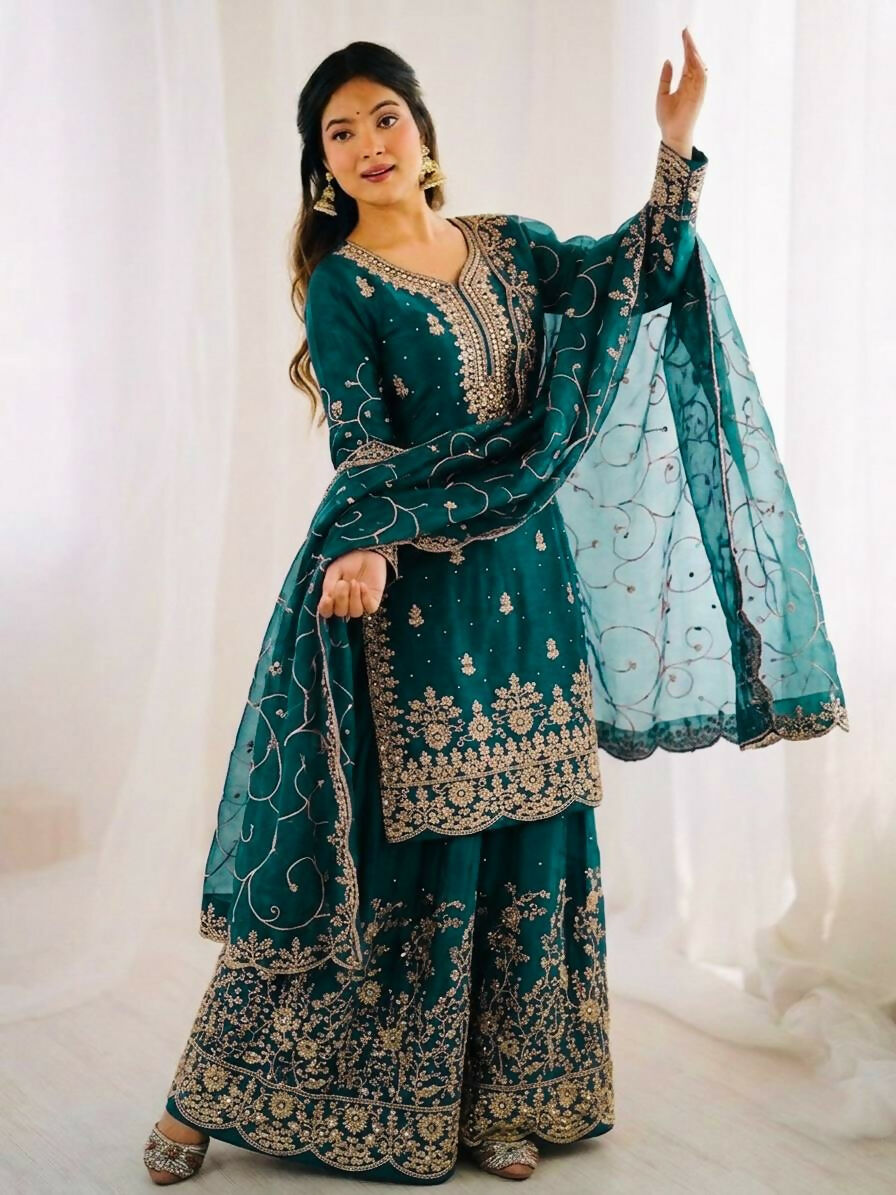 Teeya Creation Morpich Color Gymmi Silk Embroidery Work Wedding Wear Sharara Set