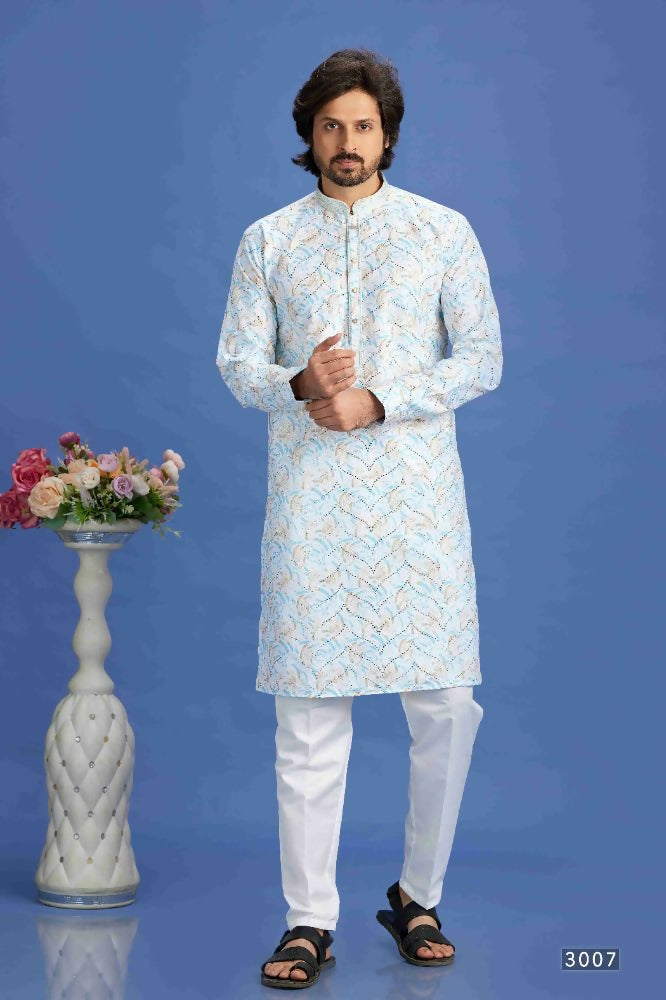 Raivat Ethnic Cotton Embroidery Kurta Pajama In Sky Blue Colour