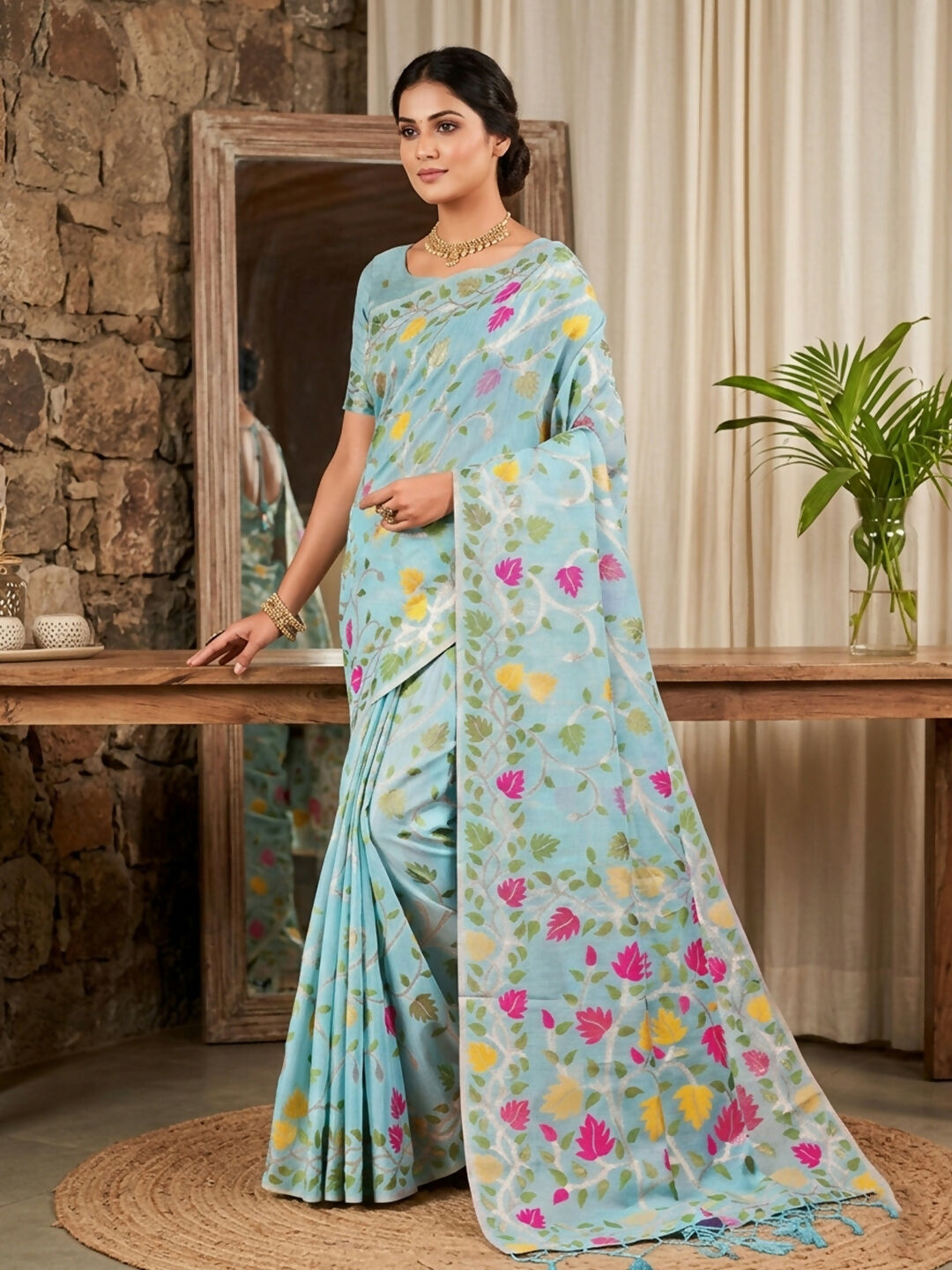 Shree Shyam Fashion Sky Blue Linen Cotton Saree