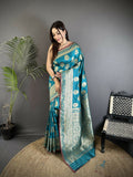 Joban Fashion Teal Ethnic Floral Motifs Soft Lichi Silk Banarasi Saree