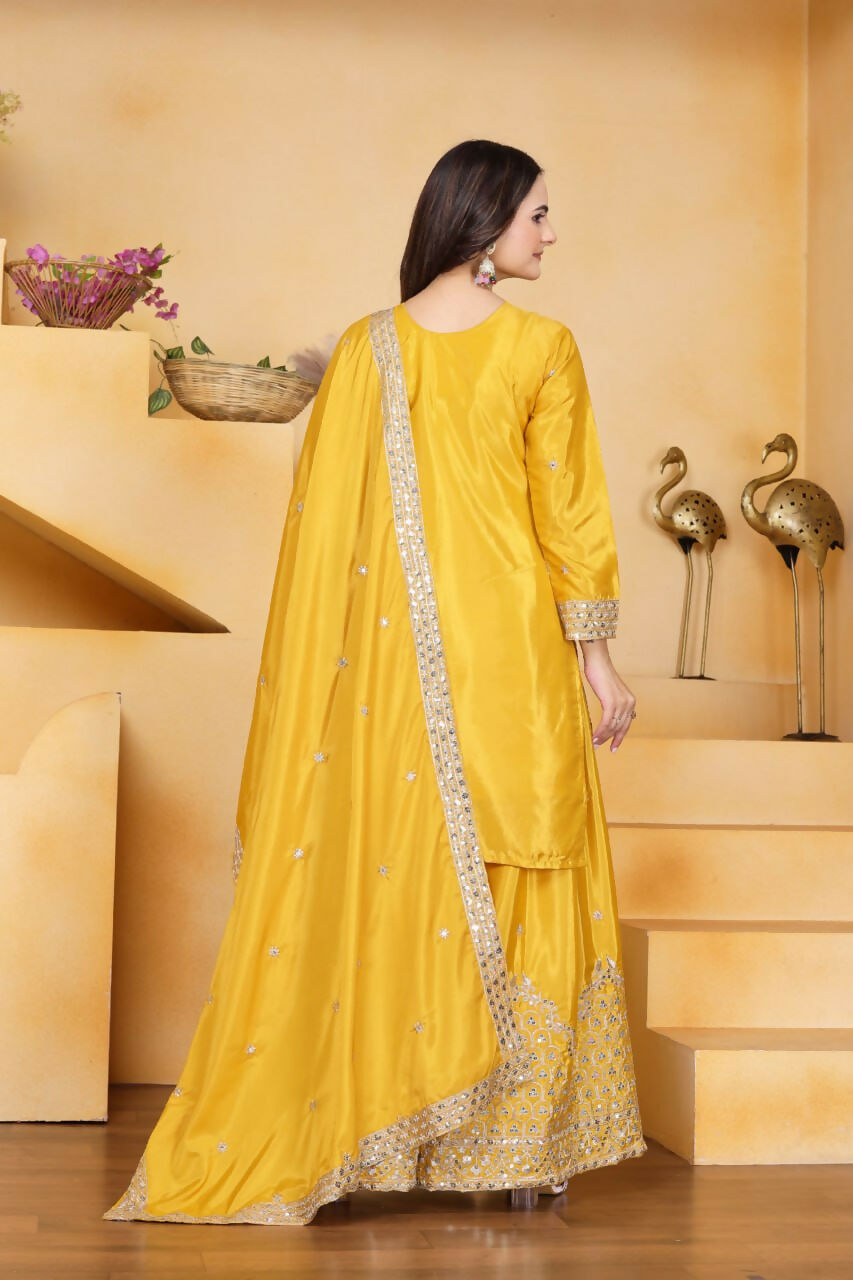 Joban Fashion Yellow Crepe Embroidered Sharara Set