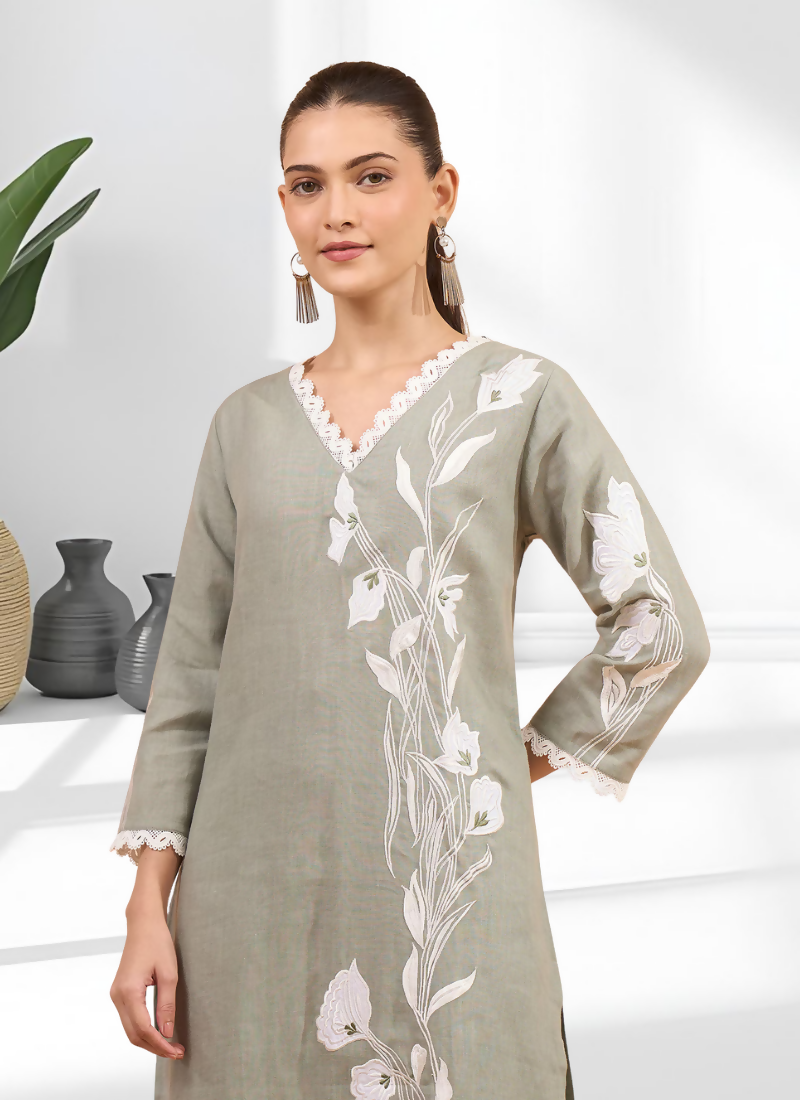 Joban Fashion Gray Linen Embroidered Readymade Long Kurta With Pant